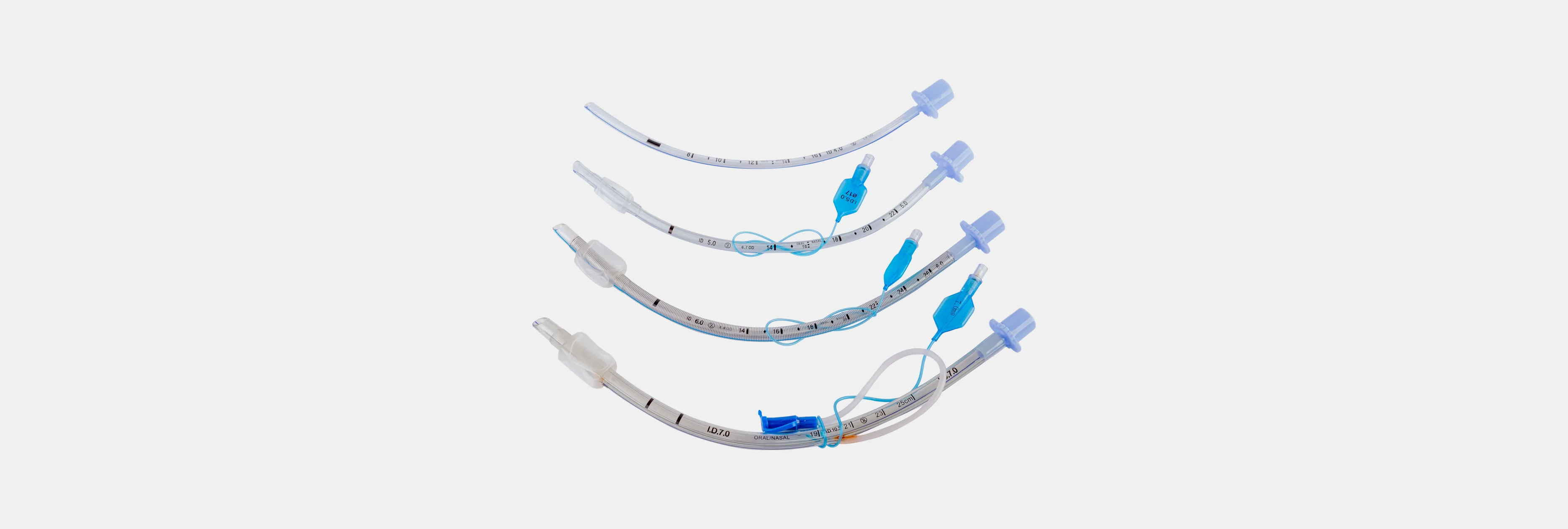Endotracheal tube range — uncuffed, cuffed, reinforced and oral/nasal