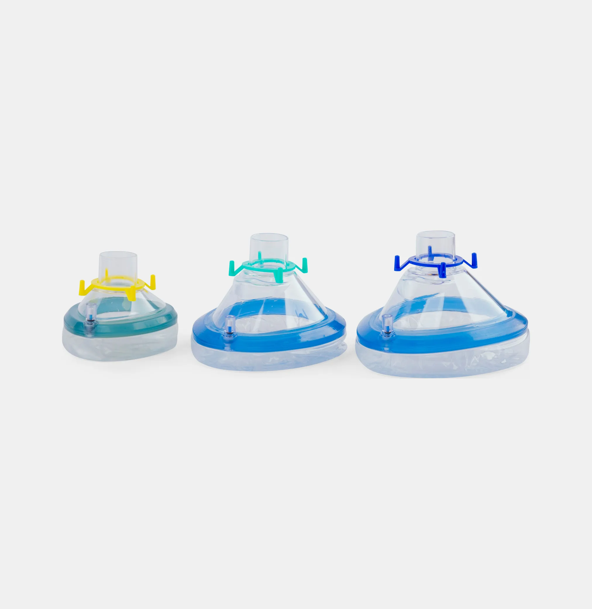 Anesthesia face masks in graduated sizes with color-coded hook rings